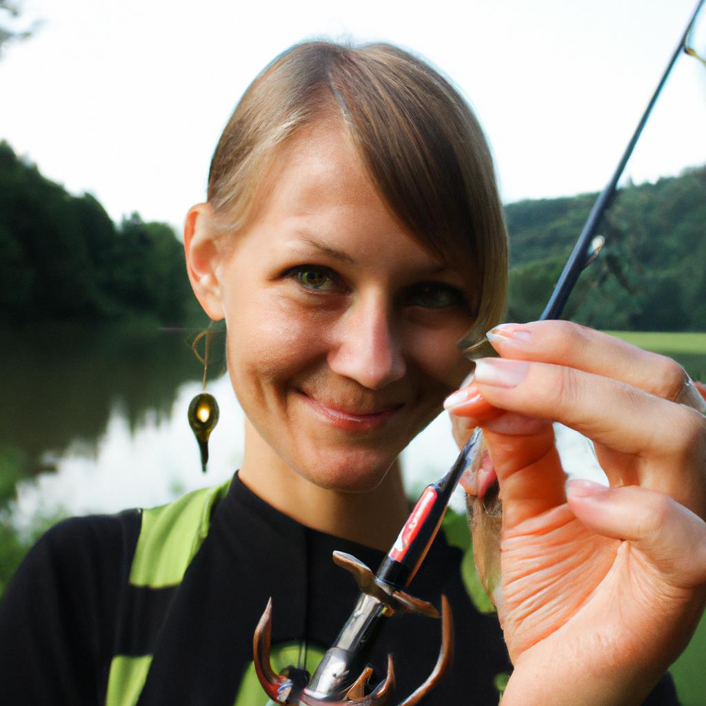 Person holding fishing hooks, smiling