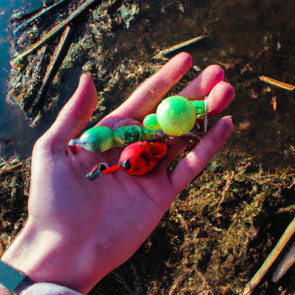 Person holding colorful fishing bobbers