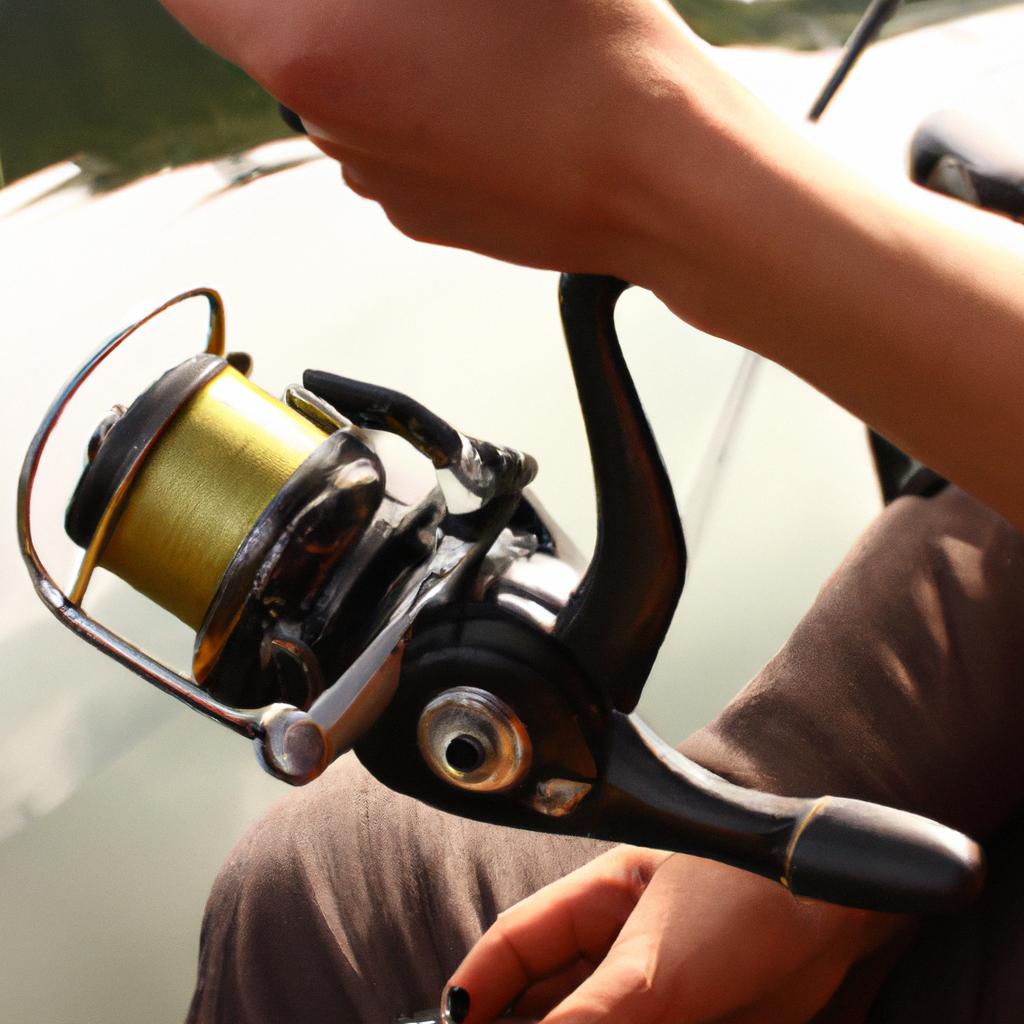 Person holding fishing reel, reading