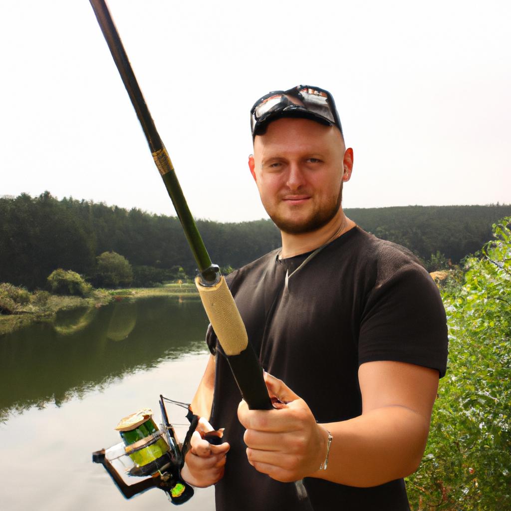 Person holding fishing rod, smiling