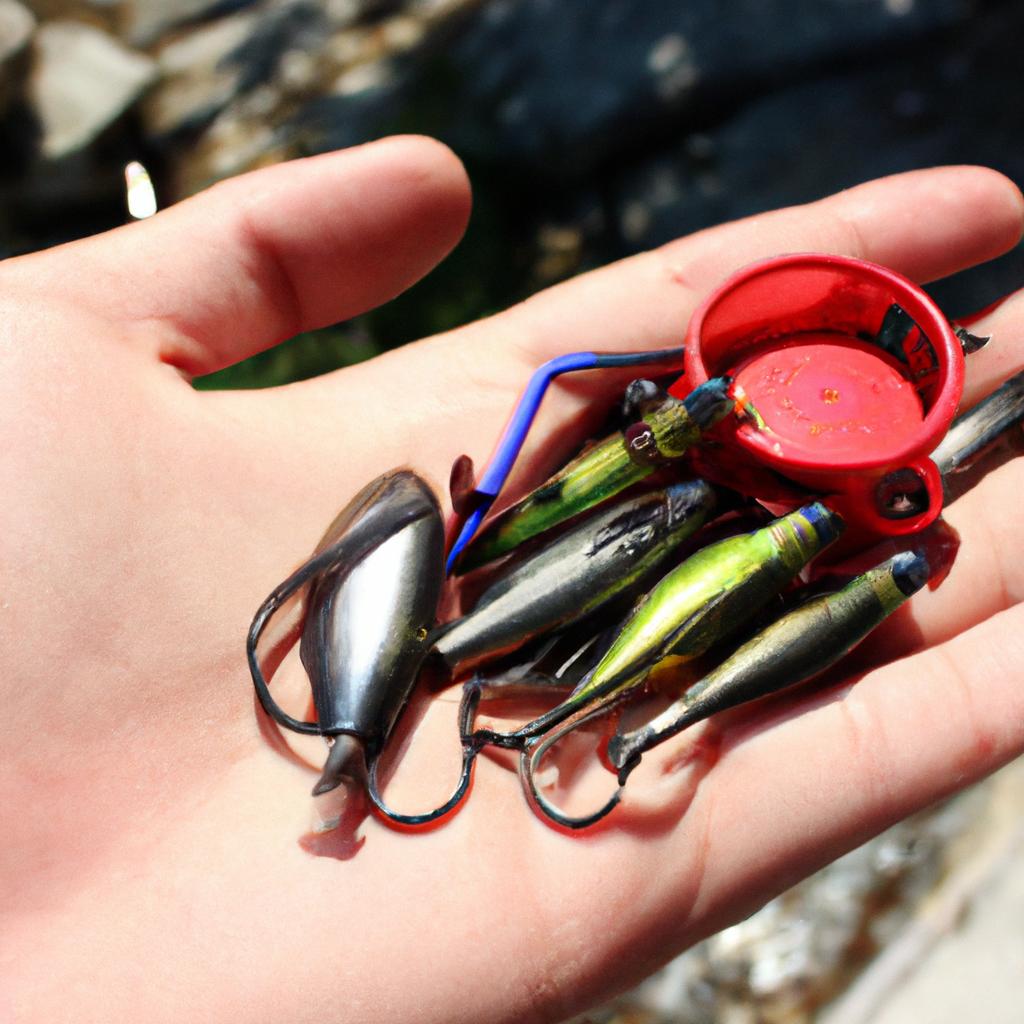 Person holding fishing equipment, sinkers