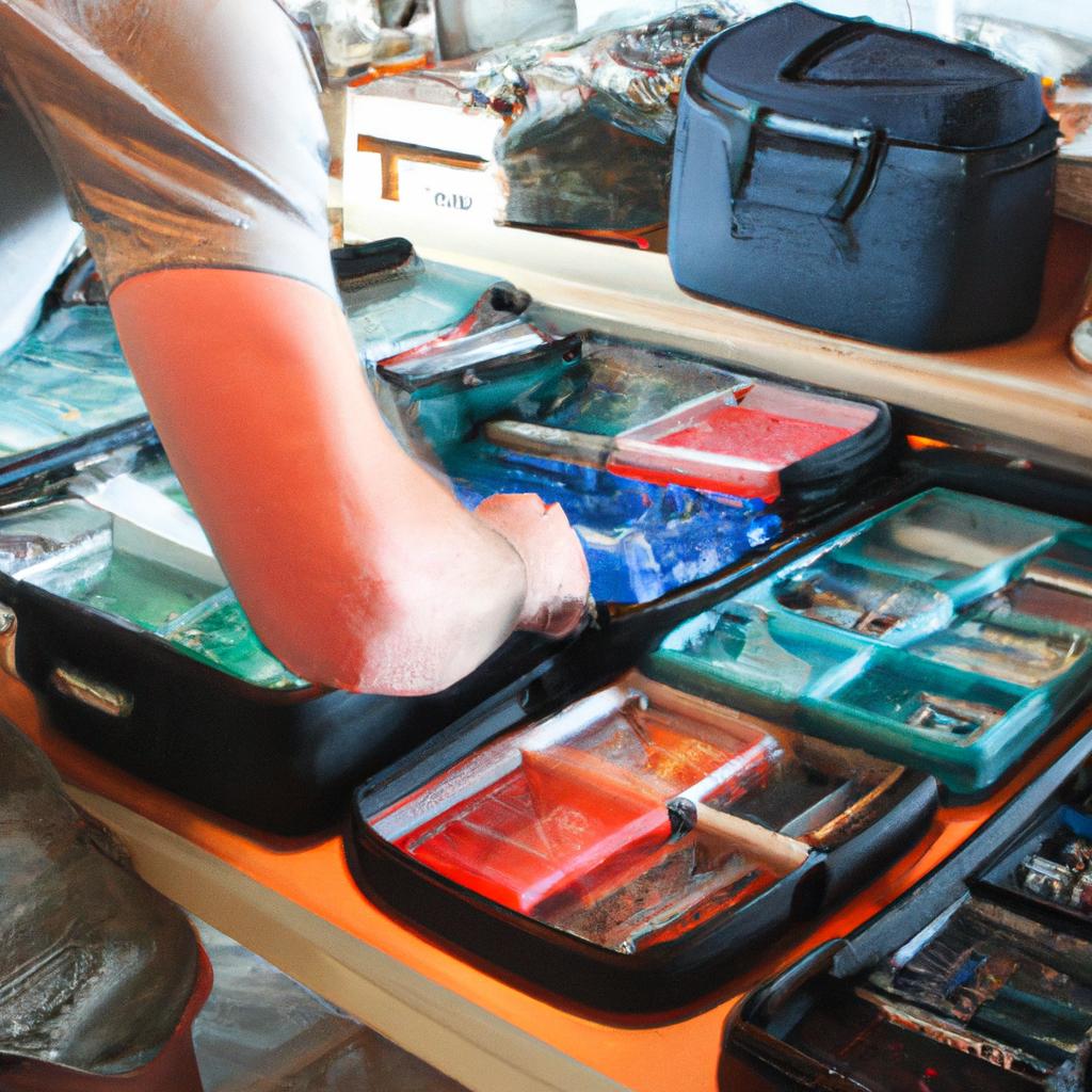 Person organizing fishing tackle boxes